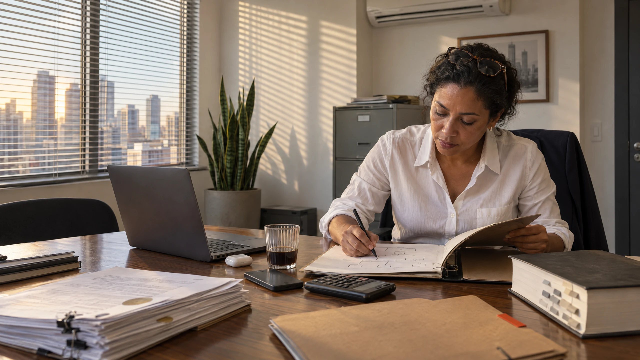 A consultant at her office desk, annotating the scope binder, with the city visible through the window.