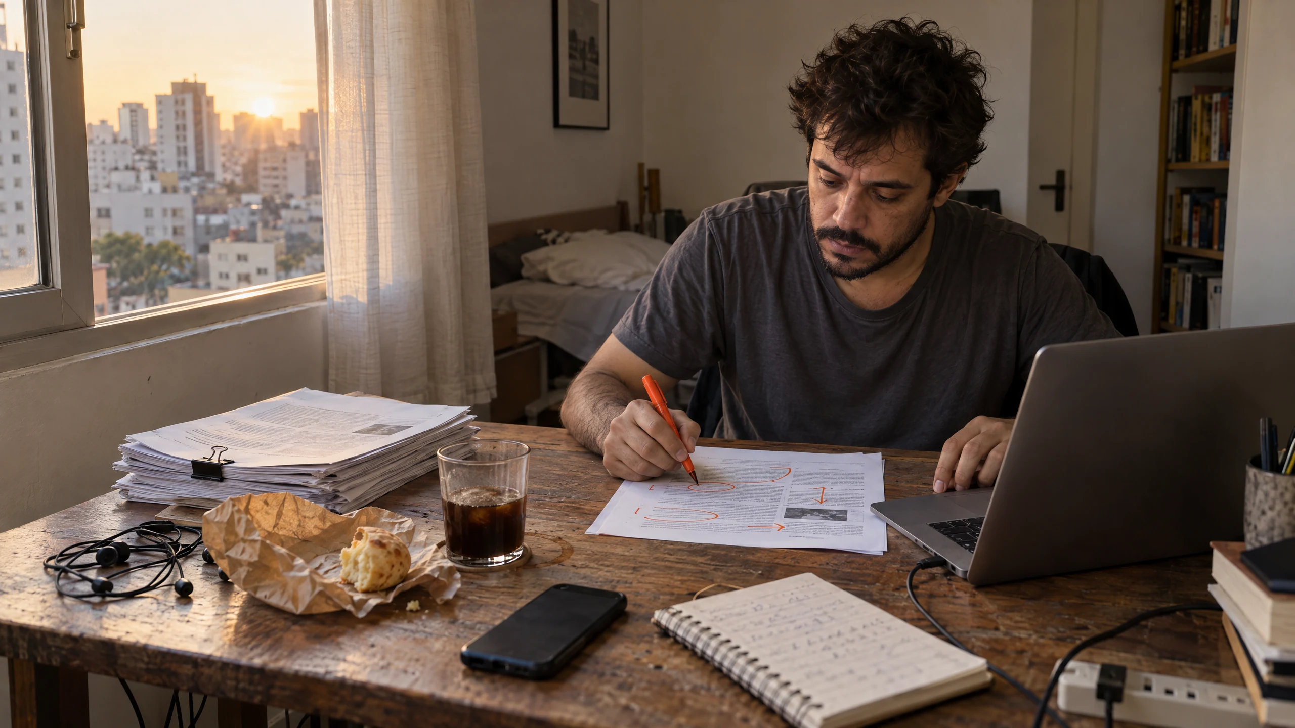An editor at his desk at home, marking up a printed proof with an orange pen, beside a stack of pages and his laptop.