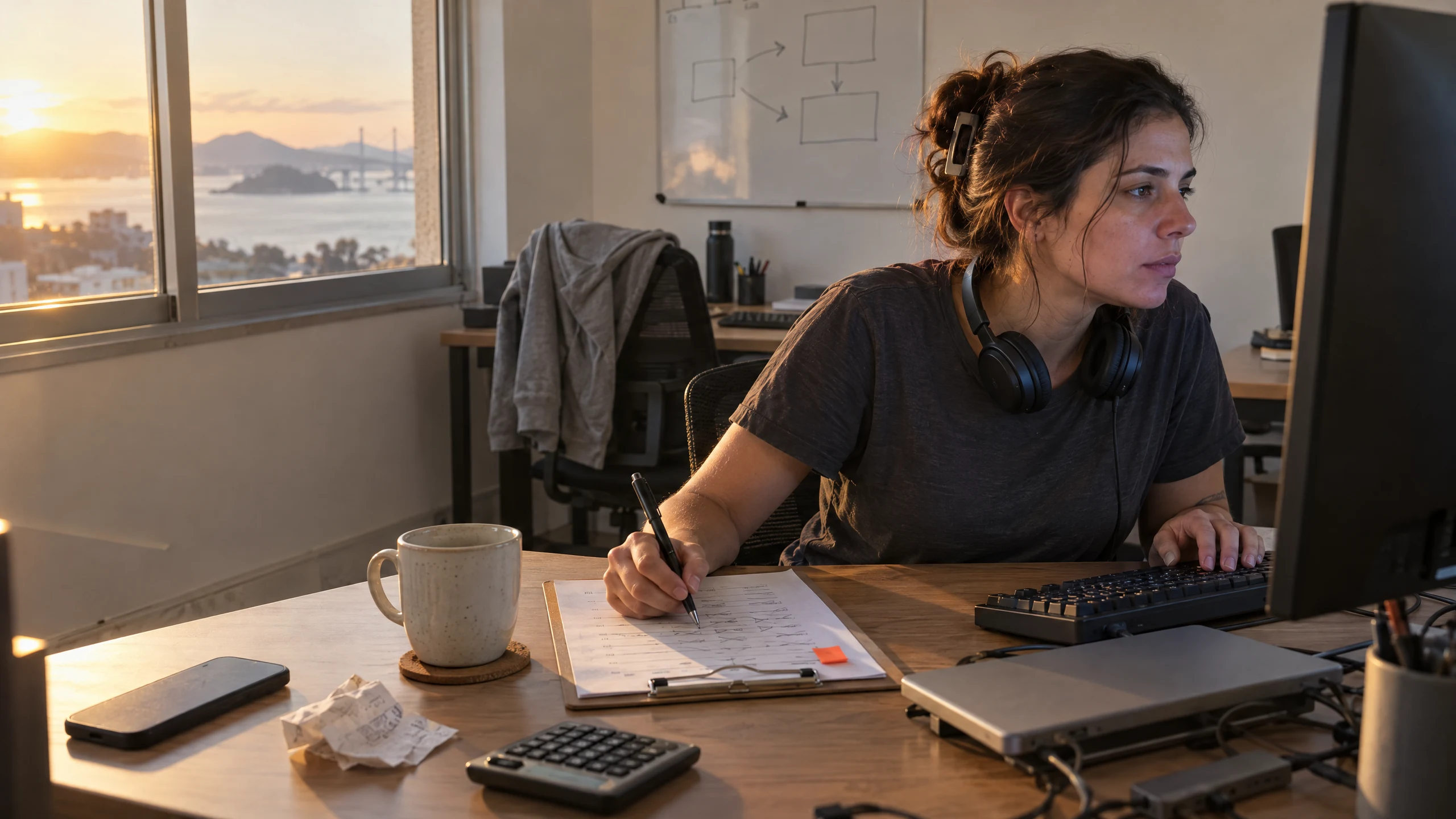 A software founder at her desk in the late afternoon, making notes on a clipboard while she watches the monitor, headphones around her neck.